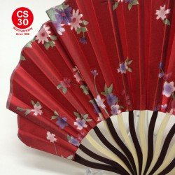 紅色花日式絹布扇