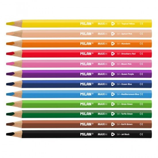 西班牙MILAN 12色三角特粗木顏色筆 (附鉛筆刨) 學齡前的第一盒木顏色