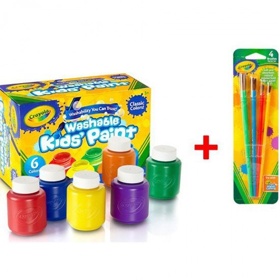 Crayola 繪兒樂 6色可水洗兒童颜料54-1204 (手指畫颜料) + Crayola 05-3515 Brushes Starter 畫筆 4支 (水彩顏料系列 特價套裝)