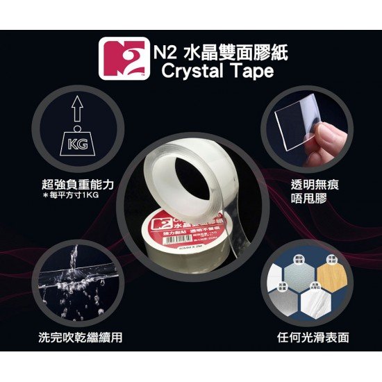 N2 水晶雙面膠帶 Crystal Tape TC-502 (50mm x 2M) 透明無痕水晶膠紙 N2 水晶雙面膠帶 Crystal Tape TC-502 (50mm x 2M) 透明無痕水晶膠紙